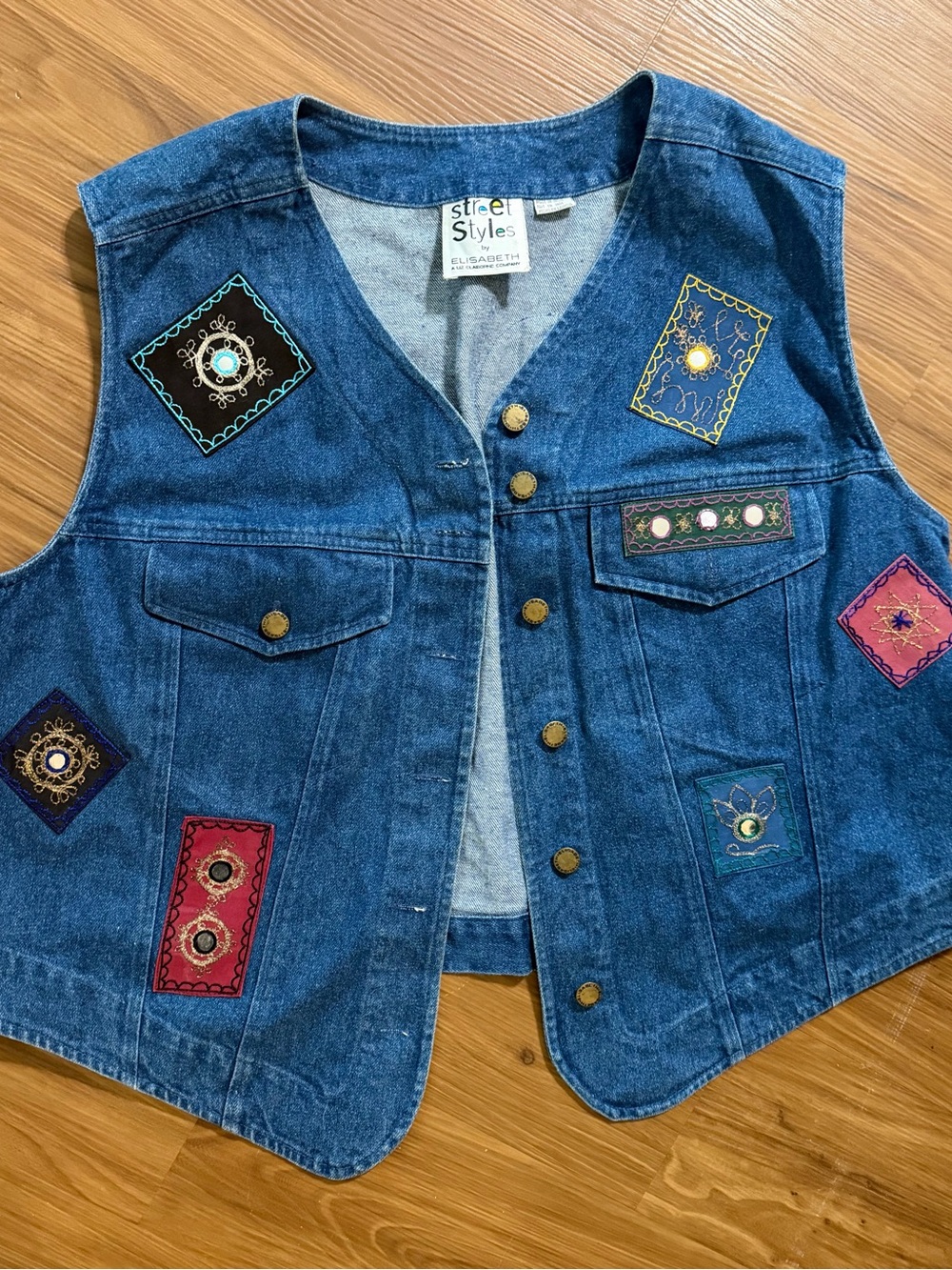 Claiborne Denim Vest with Multicolor Embroidered Patches